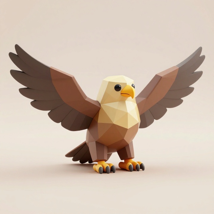 Cute Low Poly Golden Eagle Figurine with Folded Wings and Turned Head