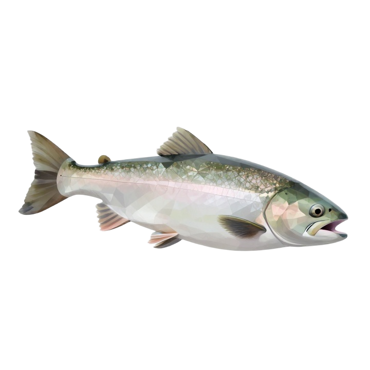 Faceted Low Poly Trout STL with Graceful Curved Pose and Spread Fins
