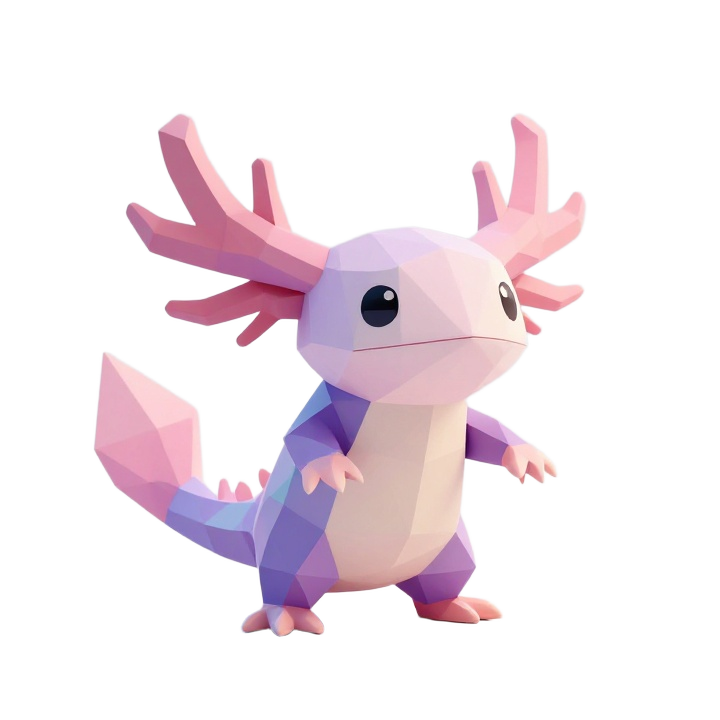 Low Poly Axolotl STL with Curved Pose and Stylized Pastel Fantasy Form