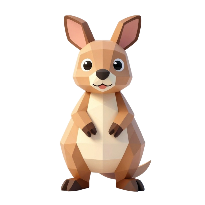Low Poly Cartoon Wallaby STL Figure in Upright Front View Pose