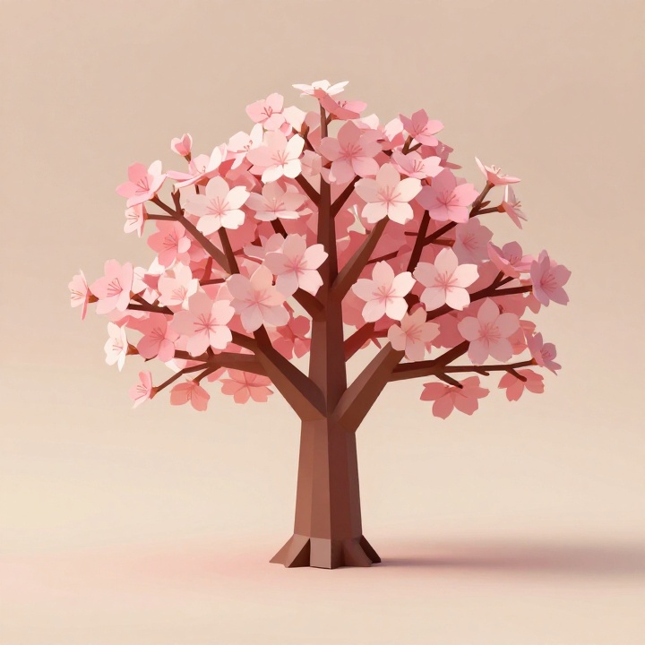Low Poly Cherry Blossom Tree STL Sculpture with Elegant Geometric Branch Silhouette