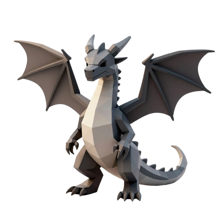 Low Poly Dragon Figurine with Upright Pose and Faceted Fantasy Silhouette