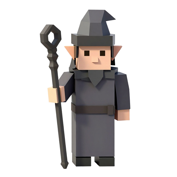 Low Poly Elf Wizard STL Figure with Staff and Pointed Hat
