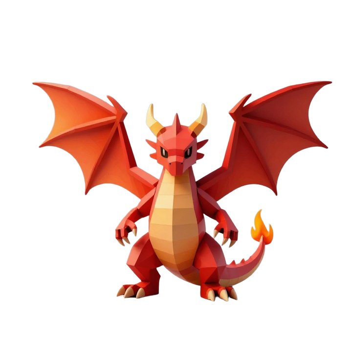Low Poly Fire Dragon STL with Angular Wings and Heroic Front Three-Quarter Pose