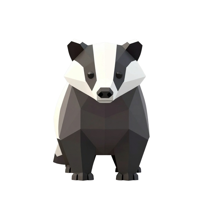 Low Poly Front-Facing Badger STL Sculpture with Clean Symmetrical Silhouette
