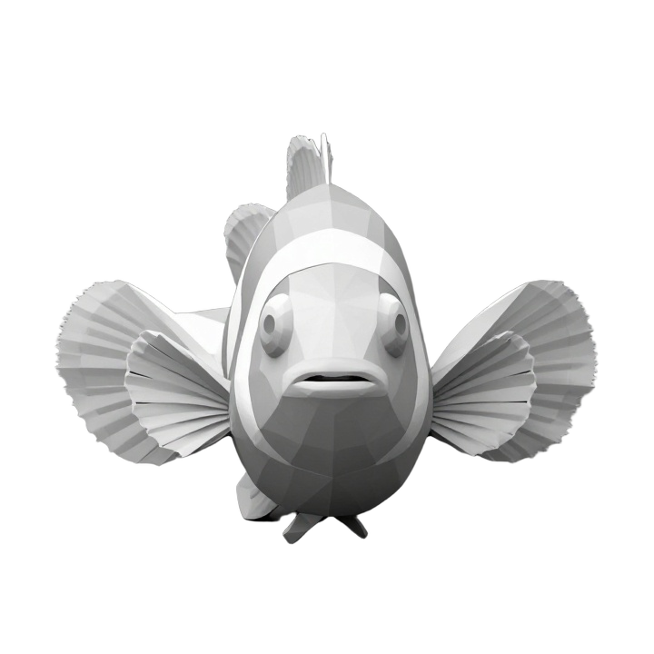Low Poly Front View Clownfish STL Sculpture with Clean Symmetrical Marine Form