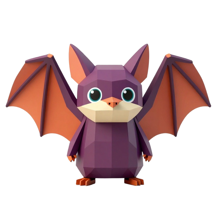 Low Poly Fruit Bat Toy Figure with Spread Wings and Cute Stylized Pose