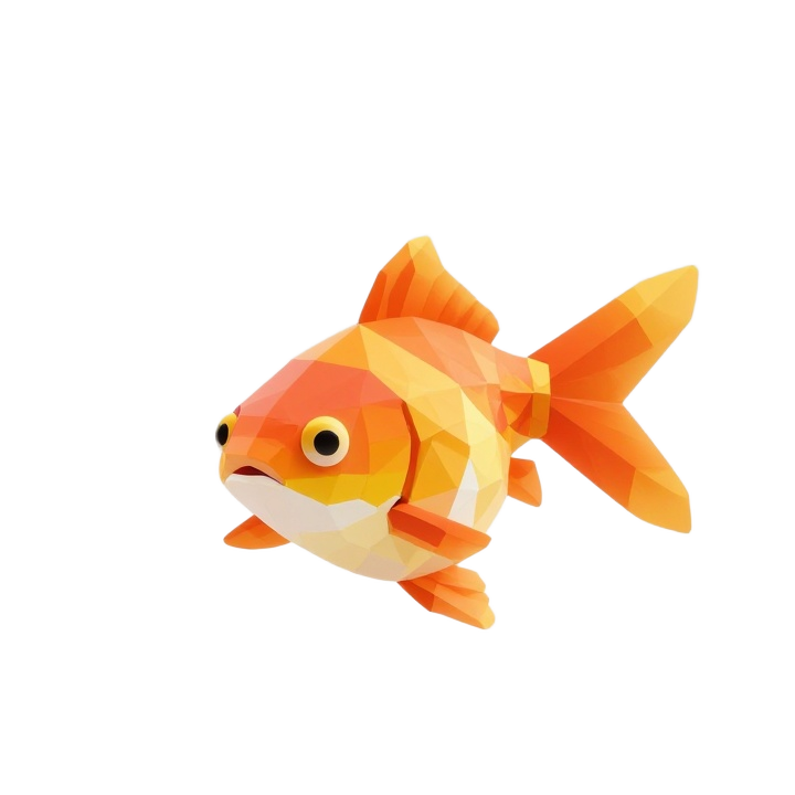 Low Poly Goldfish STL Model in Upright Front View with Faceted Decorative Form