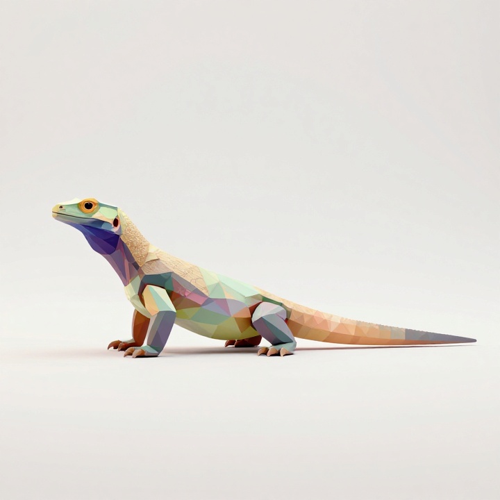 Low Poly Komodo Dragon STL with Side Profile and Pastel Geometric Silhouette