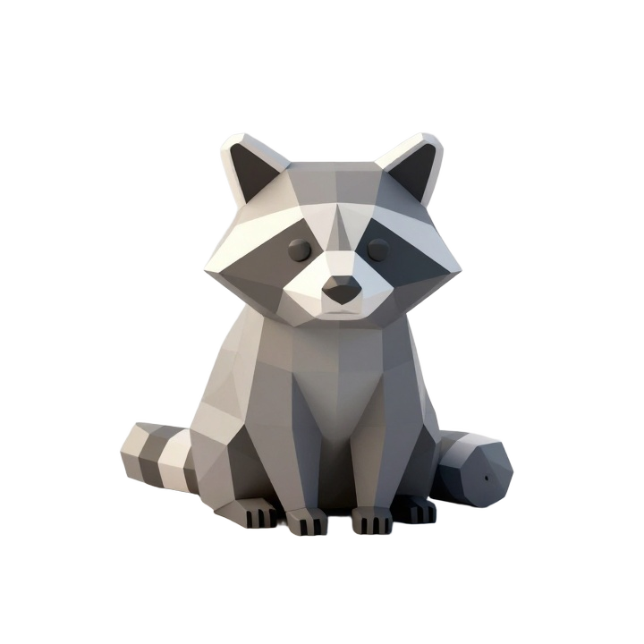 Low Poly Raccoon Figurine in Calm Pose with Faceted Geometric Sculptural Style