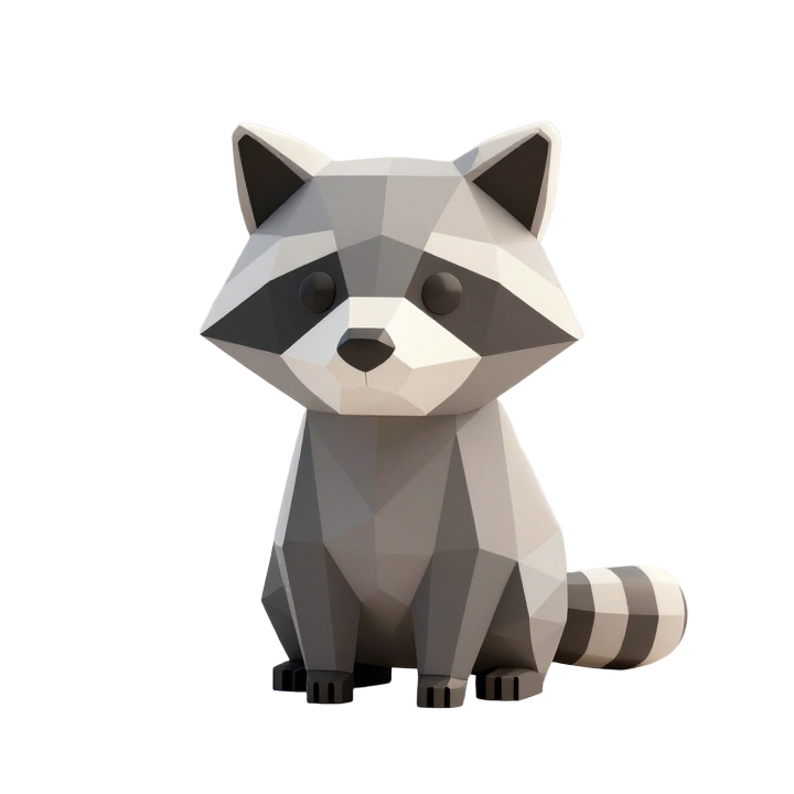 Low Poly Raccoon Figurine STL in Modern Geometric Three-Quarter Pose