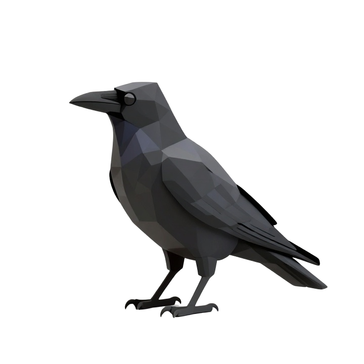 Low Poly Raven STL in Upright Side View with Clean Geometric Silhouette