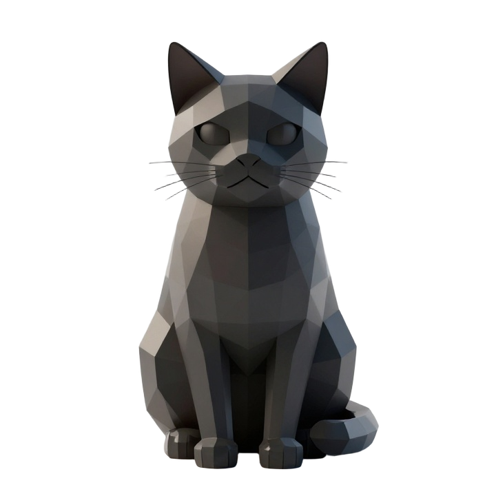 Low Poly Seated Black Cat STL Sculpture with Faceted Modern Geometric Form