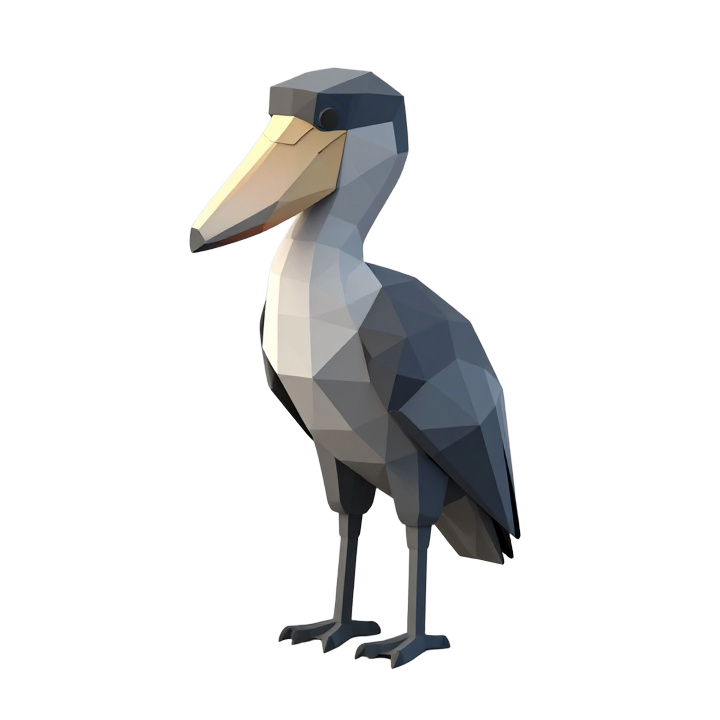 Low Poly Shoebill Bird STL in Upright Calm Standing Pose
