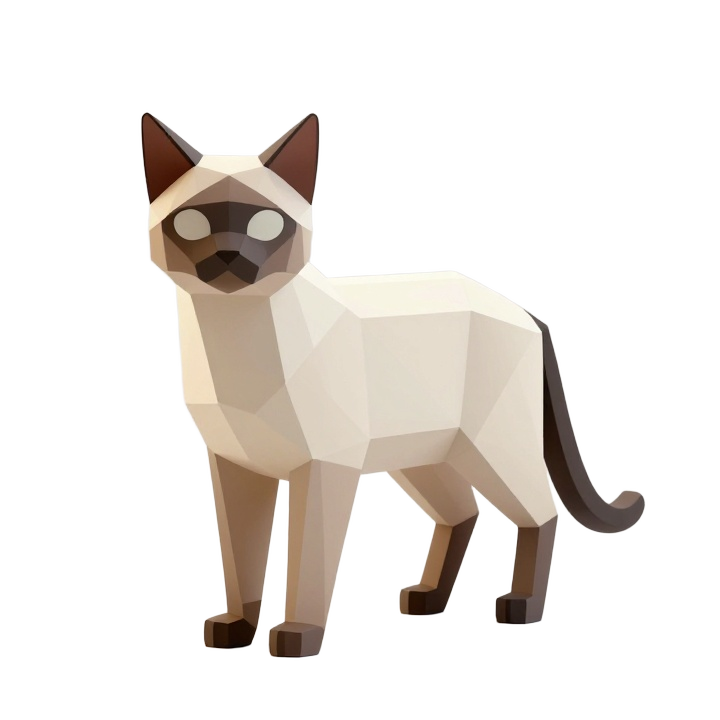 Low Poly Siamese Cat STL, Elegant Standing Geometric Animal Figure