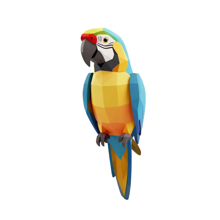 Low Poly Upright Macaw STL Model with Geometric Wings and Long Tail