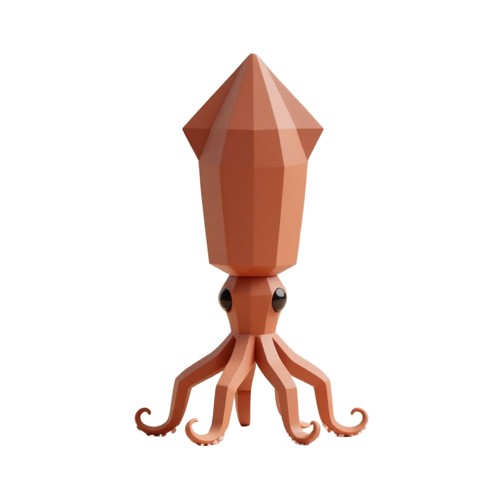 Low Poly Upright Squid STL Sculpture with Clean Faceted Side Profile