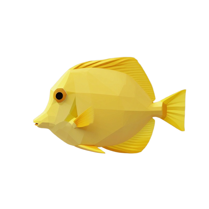 Low Poly Yellow Tang Fish STL Sculpture, Upright Front View Marine Decor
